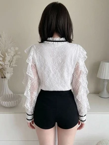 FRIFUL Women's Lace Patchwork Ruffle Tie Neck Long Sleeve Elegant Romantic Blouse Wedding Brunch Tea Party Date Night Out White Floral Autumn Cute Tops - Grey - View 6