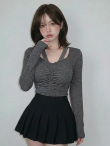 FRIFUL 女款純色抓皺修身百搭休閒性感長袖T恤，秋季日常約會穿搭，灰色 - 灰色 - 查看 7