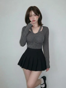 FRIFUL 女款純色抓皺修身百搭休閒性感長袖T恤，秋季日常約會穿搭，灰色 - 灰色 - 查看 6