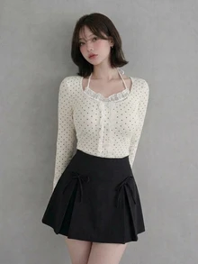 FRIFUL Women's Black White Polka Dot Print Frill Trim Single-Breasted Halter Neck T-Shirt Autumn Long Sleeve Tops Date Everyday Cute Romantic Casual - White - View 3