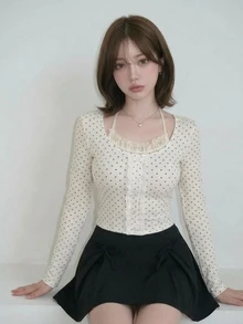 FRIFUL Women's Black White Polka Dot Print Frill Trim Single-Breasted Halter Neck T-Shirt Autumn Long Sleeve Tops Date Everyday Cute Romantic Casual - White - View 6