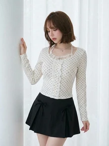 FRIFUL Women's Black White Polka Dot Print Frill Trim Single-Breasted Halter Neck T-Shirt Autumn Long Sleeve Tops Date Everyday Cute Romantic Casual - White - View 5