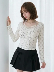 FRIFUL Women's Black White Polka Dot Print Frill Trim Single-Breasted Halter Neck T-Shirt Autumn Long Sleeve Tops Date Everyday Cute Romantic Casual - White - View 7