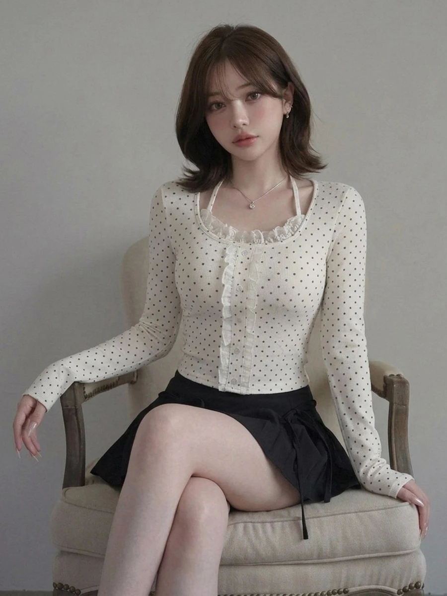 FRIFUL Women's Black White Polka Dot Print Frill Trim Single-Breasted Halter Neck T-Shirt Autumn Long Sleeve Tops Date Everyday Cute Romantic Casual - White - View 1
