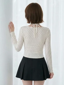 FRIFUL Women's Black White Polka Dot Print Frill Trim Single-Breasted Halter Neck T-Shirt Autumn Long Sleeve Tops Date Everyday Cute Romantic Casual - White - View 2