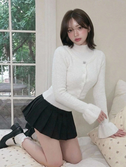 FRIFUL 女款露肩喇叭袖單排扣針織開襟立領背心 優雅浪漫套裝 教師節約會穿搭 白色米色秋季上衣