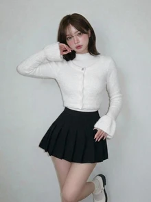 FRIFUL 女款露肩喇叭袖單排扣針織開襟立領背心 優雅浪漫套裝 教師節約會穿搭 白色米色秋季上衣 - 杏色 - 查看 5