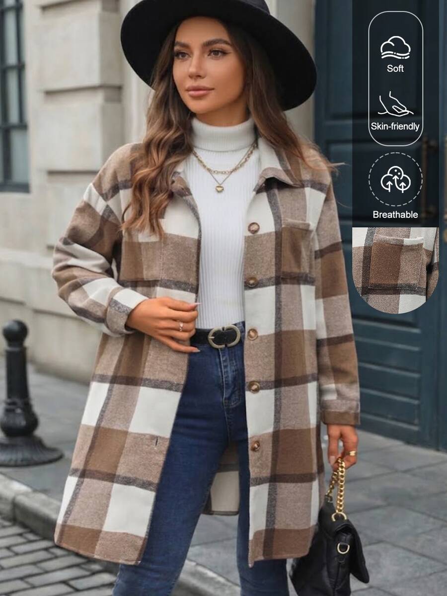 INAWLY Mantel Lengan Panjang Motif Kotak-kotak untuk Wanita, Pakaian Musim Gugur dan Musim Dingin untuk Wanita - Coffee Brown - View 1