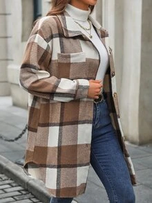 INAWLY Mantel Lengan Panjang Motif Kotak-kotak untuk Wanita, Pakaian Musim Gugur dan Musim Dingin untuk Wanita - Coffee Brown - View 7