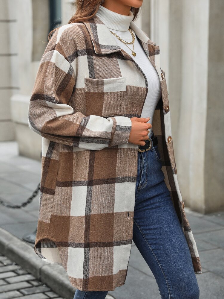 INAWLY Mantel Lengan Panjang Motif Kotak-kotak untuk Wanita, Pakaian Musim Gugur dan Musim Dingin untuk Wanita - Coffee Brown - View 7