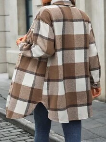 INAWLY Mantel Lengan Panjang Motif Kotak-kotak untuk Wanita, Pakaian Musim Gugur dan Musim Dingin untuk Wanita - Coffee Brown - View 2