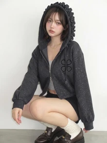 FRIFUL Women's Casual Cute Hooded Ruched Design Embroidered Bishop Sleeve Sweatshirt Everyday School Charcoal Gray Autumn - Grey - View 4