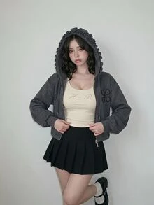 FRIFUL Women's Casual Cute Hooded Ruched Design Embroidered Bishop Sleeve Sweatshirt Everyday School Charcoal Gray Autumn - Grey - View 3