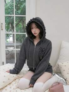 FRIFUL Women's Casual Cute Hooded Ruched Design Embroidered Bishop Sleeve Sweatshirt Everyday School Charcoal Gray Autumn - Grey - View 2