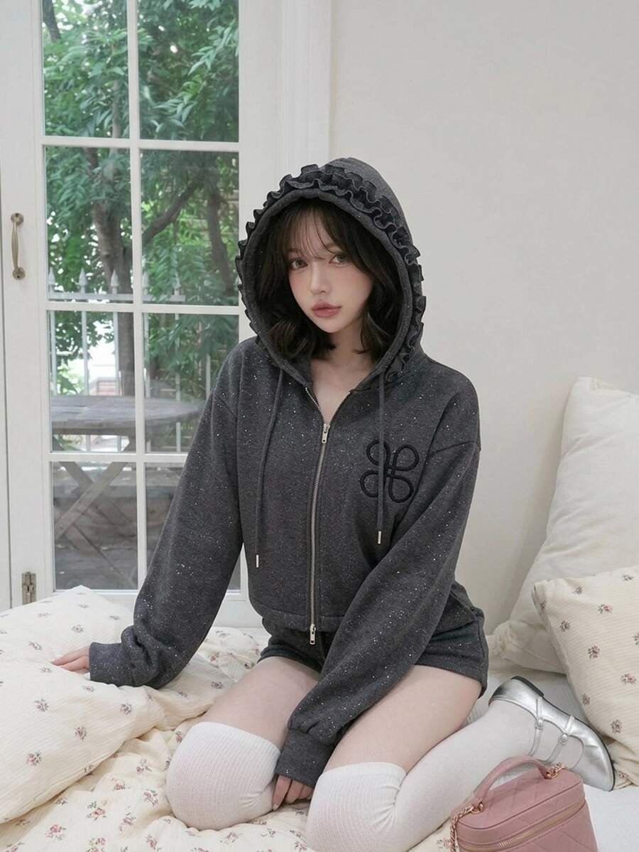 FRIFUL 女款休閒可愛連帽抓皺設計刺繡主教袖運動衫,日常校園穿搭,炭灰色,秋季 - 灰色 - 查看 1