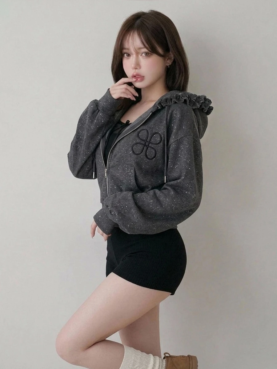 FRIFUL Women's Casual Cute Hooded Ruched Design Embroidered Bishop Sleeve Sweatshirt Everyday School Charcoal Gray Autumn - Grey - View 1