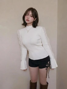 FRIFUL Women's Ribbed Ruffle Trim Bell Sleeve T-Shirt Fall Brunch Everyday Date Off White Romantic Cute Elegant - White - View 7