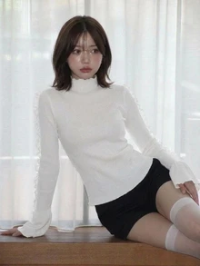 FRIFUL Women's Ribbed Ruffle Trim Bell Sleeve T-Shirt Fall Brunch Everyday Date Off White Romantic Cute Elegant - White - View 6