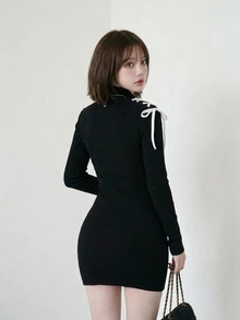 FRIFUL Women's Elegant Cute Korean Style Drawstring Tie Long Sleeve Dress Autumn Everyday High Tea Black And White - Black - View 2