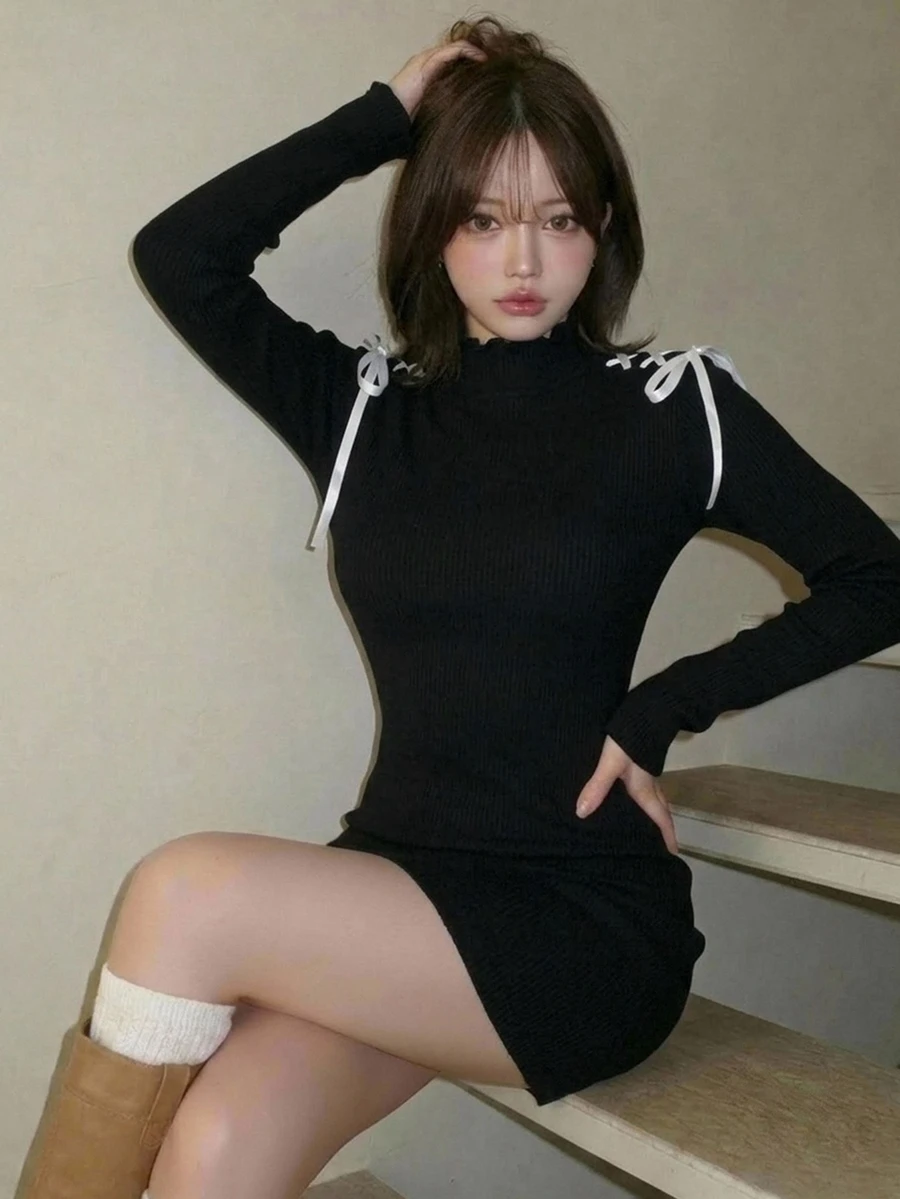 FRIFUL Women's Elegant Cute Korean Style Drawstring Tie Long Sleeve Dress Autumn Everyday High Tea Black And White - Black - View 1