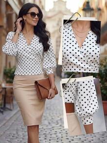 EMERY ROSE Spring/Summer New V-Neck Polka Dot Puff Sleeve Cinched Waist Short Women Blouse - Multicolor - View 1