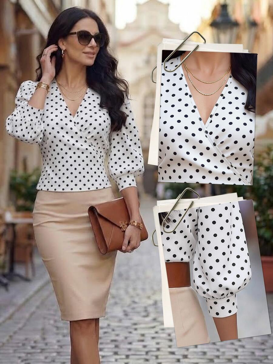 EMERY ROSE Spring/Summer New V-Neck Polka Dot Puff Sleeve Cinched Waist Short Women Blouse - Multicolor - View 1