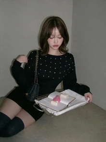 FRIFUL 女款水鑽不對稱單肩休閒性感優雅日常針織洋裝，黑色，適合秋季夜生活、晚餐約會之夜 - 黑色 - 查看 2