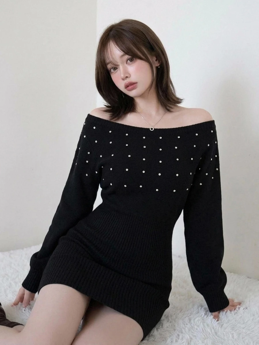 FRIFUL 女款水鑽不對稱單肩休閒性感優雅日常針織洋裝,黑色,適合秋季夜生活、晚餐約會之夜 - 黑色 - 查看 1