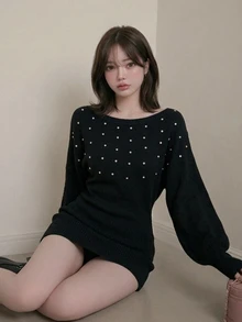 FRIFUL 女款水鑽不對稱單肩休閒性感優雅日常針織洋裝，黑色，適合秋季夜生活、晚餐約會之夜 - 黑色 - 查看 4
