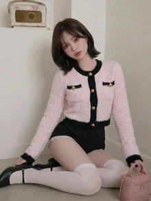 FRIFUL Women's Round Neck Metal Button Decor Pink And Black Contrast Color Short Elegant French Cardigan Daytime High Tea Autumn Winter - Pink - View 6