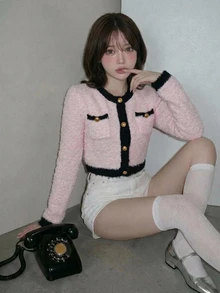 FRIFUL Women's Round Neck Metal Button Decor Pink And Black Contrast Color Short Elegant French Cardigan Daytime High Tea Autumn Winter - Pink - View 5