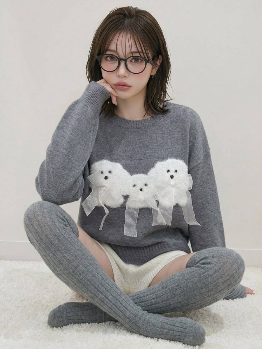 FRIFUL Women's Cartoon Puppy Decor Casual Cute Fashion Creative Personalized Fresh Cute Sweater Everyday School Grey Fall Date Winter - Grey - View 1