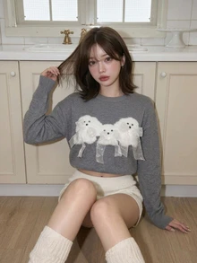 FRIFUL Women's Cartoon Puppy Decor Casual Cute Fashion Creative Personalized Fresh Cute Sweater Everyday School Grey Fall Date Winter - Grey - View 5