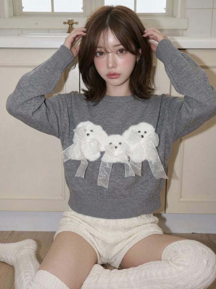 FRIFUL 女款卡通小狗裝飾休閒可愛時尚創意個性清新可愛毛衣，日常上學灰色秋冬約會穿搭 - 灰色 - 查看 6
