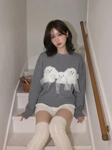 FRIFUL Women's Cartoon Puppy Decor Casual Cute Fashion Creative Personalized Fresh Cute Sweater Everyday School Grey Fall Date Winter - Grey - View 7