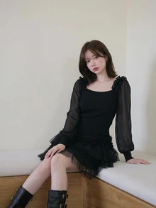 FRIFUL Women's Solid Color Fitted Versatile Long Sleeve T-Shirt For Daily Wear Date Everyday Black Autumn Romantic Elegant - Black - View 3