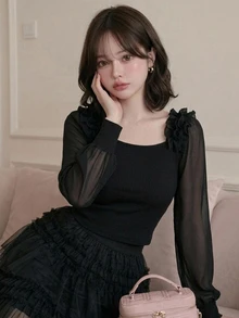FRIFUL Women's Solid Color Fitted Versatile Long Sleeve T-Shirt For Daily Wear Date Everyday Black Autumn Romantic Elegant - Black - View 5