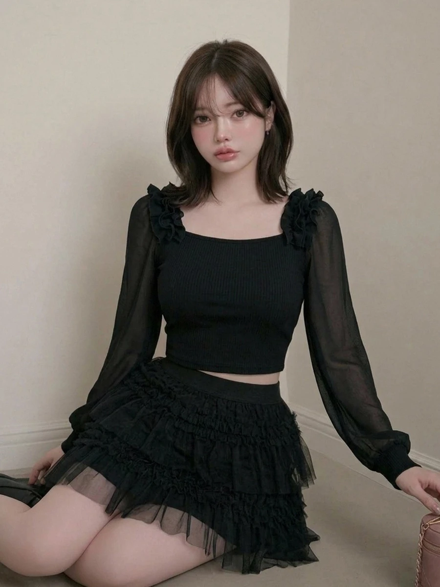 FRIFUL Women's Solid Color Fitted Versatile Long Sleeve T-Shirt For Daily Wear Date Everyday Black Autumn Romantic Elegant - Black - View 1