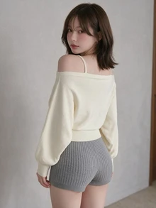 FRIFUL Women's Solid Color Casual Versatile Daily Wear Long Sleeve Sweater - Apricot - View 2