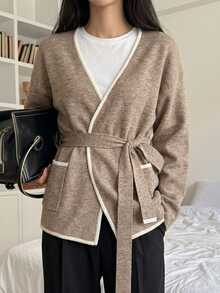DAZY Women's V-Neck Casual French Minimalist Elegant Versatile Daily Cardigan Fall Office Brunch Cream White - Coffee Brown - View 3