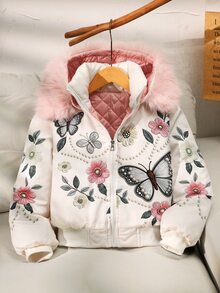 SHEIN 少女加厚外套，白色，休閒版型，秋冬保暖，時尚百搭，冬季，連帽，拉鍊，寬鬆，加厚，日常穿著，街頭風，秋季 - 白色 - 查看 8