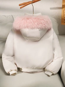 SHEIN 少女加厚外套，白色，休閒版型，秋冬保暖，時尚百搭，冬季，連帽，拉鍊，寬鬆，加厚，日常穿著，街頭風，秋季 - 白色 - 查看 2
