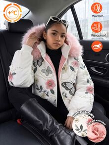 SHEIN 少女加厚外套，白色，休閒版型，秋冬保暖，時尚百搭，冬季，連帽，拉鍊，寬鬆，加厚，日常穿著，街頭風，秋季 - 白色 - 查看 3