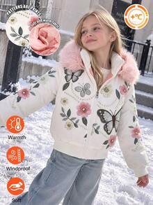 SHEIN 少女加厚外套，白色，休閒版型，秋冬保暖，時尚百搭，冬季，連帽，拉鍊，寬鬆，加厚，日常穿著，街頭風，秋季 - 白色 - 查看 4