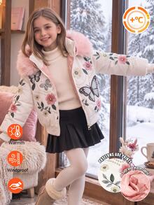 SHEIN 少女加厚外套，白色，休閒版型，秋冬保暖，時尚百搭，冬季，連帽，拉鍊，寬鬆，加厚，日常穿著，街頭風，秋季 - 白色 - 查看 1