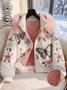 SHEIN 少女加厚外套，白色，休閒版型，秋冬保暖，時尚百搭，冬季，連帽，拉鍊，寬鬆，加厚，日常穿著，街頭風，秋季 - 白色 - 查看 6