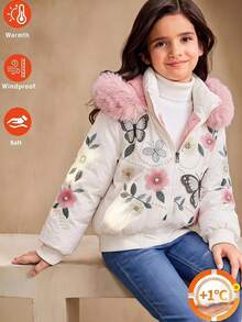 SHEIN 少女加厚外套，白色，休閒版型，秋冬保暖，時尚百搭，冬季，連帽，拉鍊，寬鬆，加厚，日常穿著，街頭風，秋季 - 白色 - 查看 5