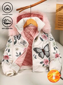 SHEIN 少女加厚外套，白色，休閒版型，秋冬保暖，時尚百搭，冬季，連帽，拉鍊，寬鬆，加厚，日常穿著，街頭風，秋季 - 白色 - 查看 7