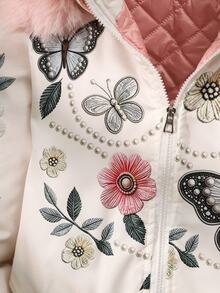 SHEIN 少女加厚外套，白色，休閒版型，秋冬保暖，時尚百搭，冬季，連帽，拉鍊，寬鬆，加厚，日常穿著，街頭風，秋季 - 白色 - 查看 9