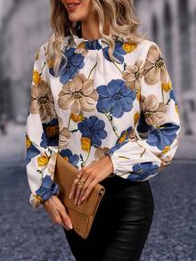 SHEIN Clasi Floral Print Mock Neck Blouse,Long Sleeve Tops Fall Cloth For Women - White - View 4
